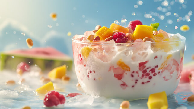 Create a product photography scene featuring a bowl of milk set against a clear, blue sky background