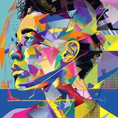 Vibrant Abstract Portrait of a Young Woman with Geometric Shapes