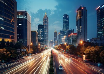 Obraz premium Modern Cityscape with Illuminated Skyscrapers and Busy Traffic at Twilight