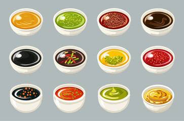 Asian sauces set. Ginger souce, wasabi paste, sriracha, soy sauce. Salty and spicy. Simple flat cartoon vector elements