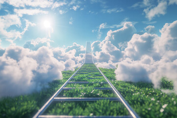 ladder to sky, A tall step ladder stretches towards the sky, disappearing into a sea of fluffy white clouds