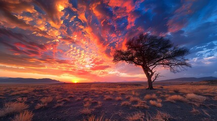 Image of a lonely tree in the middle of a desert. The sky is a vibrant orange and yellow, with dark...