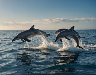 A pod of dolphins leaping gracefully out of the water, their sleek bodies shimmering in the sunlight.