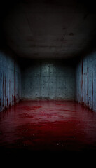 A pool of blood. horror concept art depicting an empty room with a floor soaked in blood, a chilling portrayal of horror. Macabre Sanctuary: Gruesome Bloodbath in Abandoned Horror Setting.