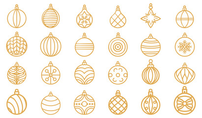 Golden Christmas ball simple icon set. Winter party decorations, linear balls with snowflakes. New year decor vector clipart