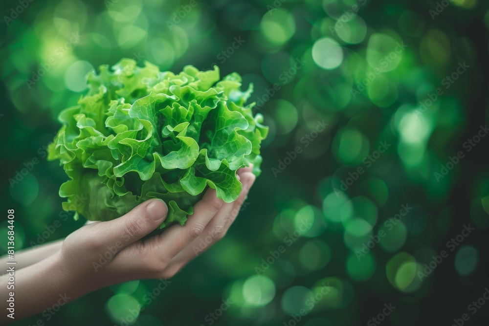 Poster fresh lettuce leaves held with blurred selection background and copy space for text placement