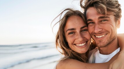 Close up portrait of a beautiful young couple smiling on a summer day at the beach