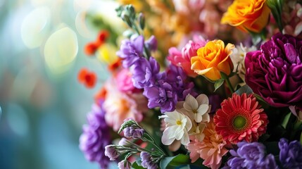 Bouquet of colorful flowers on bokeh background, close up.