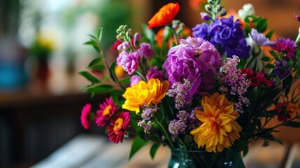 Colorful bouquet of flowers in a vase on the table.
