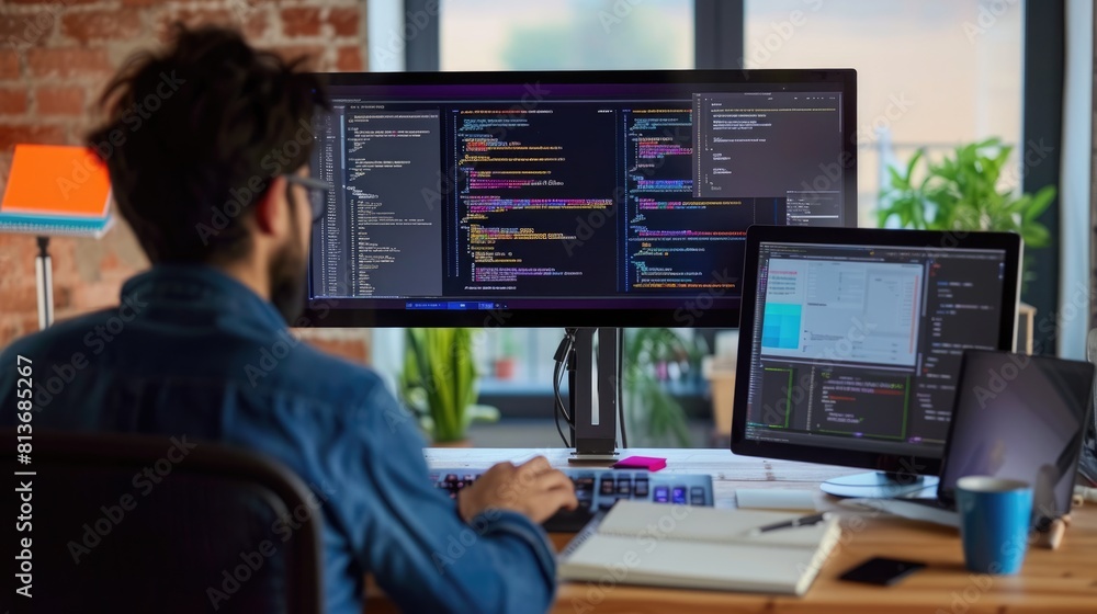 Poster a focused software developer codes on a dual monitor setup in a modern office environment with a min