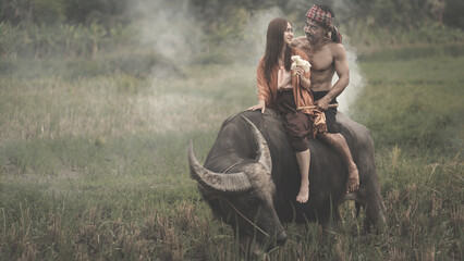 An Asian Thai couple is happily riding buffalo wearing a traditional outfit farmer in agricultural organic vegetable plots.