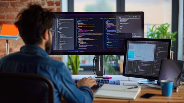 A focused software developer codes on a dual monitor setup in a modern office environment with a minimalist aesthetic. AIG41