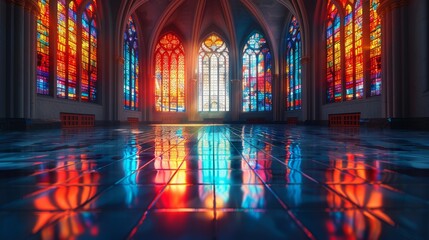 Ethereal Beauty: Stained Glass Windows in a Church. Generative AI