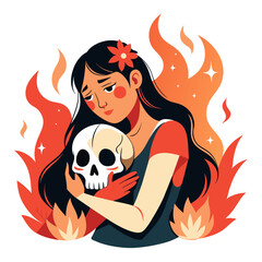 A stunning girl finds comfort in the arms of a grinning skull, set against a backdrop of blazing fire