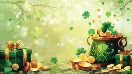 Leprechaun pot with golden coins gifts and clover 