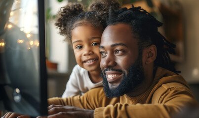 Black father and daughter playing on computer. African american dad & child on video call with family. Candid parent daughter  bonding. Digital learning. Home schooling - Powered by Adobe