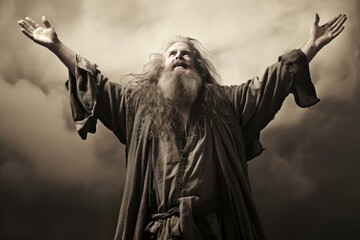 Bearded man dressed in ancient robes lifts his arms towards a stormy sky, evoking a biblical scene
