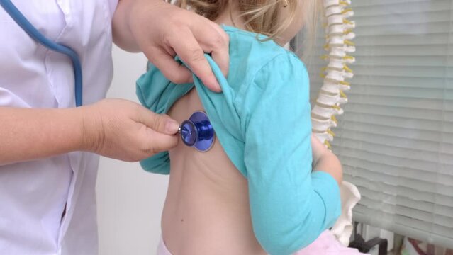 female expert pediatric doctor assesses little patient condition auscultating lungs with stethoscope, diagnosing illness, stethoscope gadget, health insurance, examination, treatment