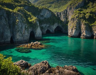 A secluded cove hidden along the coastline, with emerald-green waters framed by towering cliffs and...