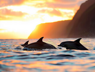 Two Dolphins Swimming in the Ocean at Sunset