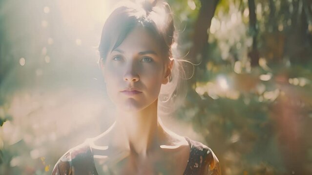 Mystical Woman in Sunlit Forest Painting with Ai generated.
