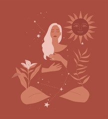 Boho style woman meditate in lotus position, The calmness of a beautiful girl in the daytime, The casting of spells or black magic and the nature of tropical leaves and the sun, Vector illustration.
