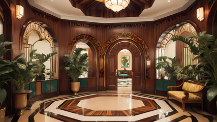 A espectacular tropical midcentury barroque art deco octagonal room for lobby entrance with arcs in walls with wood moldings with peacock and jaguar gold details