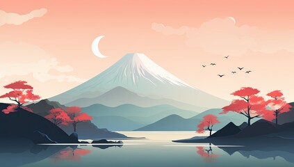 Enchanted Horizon: Dreamy Illustration Featuring Mountains and Ethereal Sky