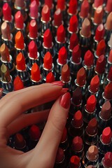a woman's hand chooses lipstick among many shades.