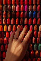 a woman's hand chooses lipstick among many shades.