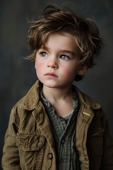 portrait of 4 years old boy on gray background . grey eyes.