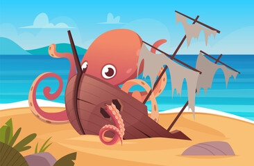 Octopus damaged wooden old ship on outdoor island with big fantasy kraken