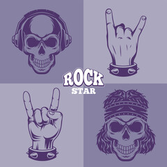 Rock skull music gestures for hard rock hands and skull stylized illustration flat ink style