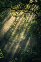 Obraz premium Dappled patterns of sunlight filtering through the canopy of a forest, with the interplay of light and shadow creating a mesmerizing minimalist composition