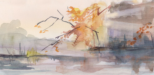 autumn landscape with a tree on the river bank
