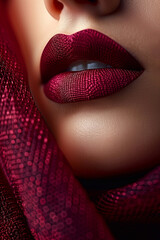 close up of female lips with burgundy lipstick. beautiful perfect makeup. macro.