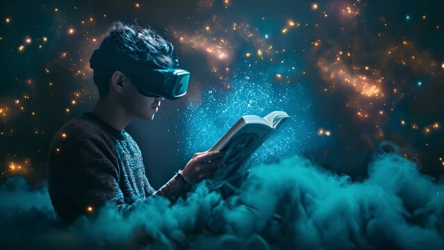 This boy wearing a virtual reality headset while reading a book.