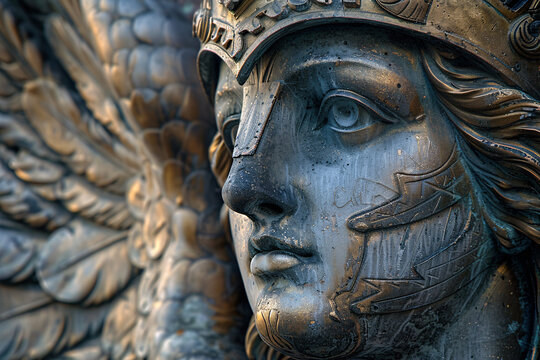 Close up of statue of woman with Norse mythology Valkyrie helmet