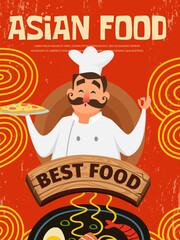 Asian food poster placard design with chef traditional asian cuisine