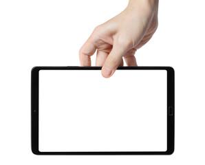 Hand holding black tablet, cut out