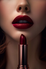 close-up of female lips with burgundy lipstick.