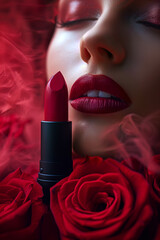 female face next to lipstick. beautiful perfect makeup.