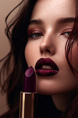 female face next to lipstick. beautiful perfect makeup.