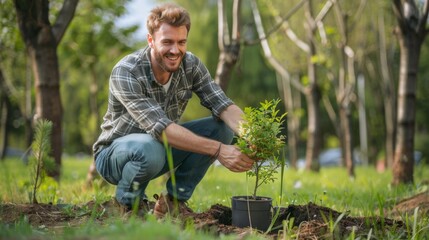 Fototapeta premium A Man Planting Young Tree