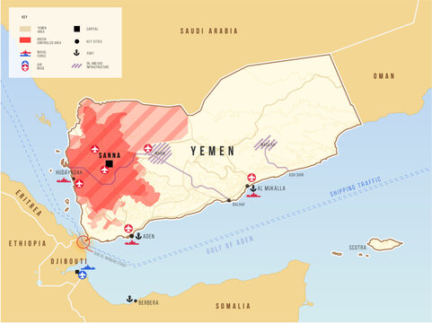 Yemen map. Houthis attacks on cargo trade. Red Sea crisis. Vector illustration map. Geopolitical set concept.