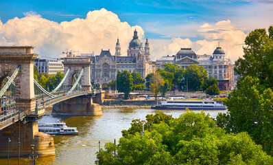 Panoramic view at Chain bridge on Danube river in Budapest city, Hungary. Urban landscape panorama...