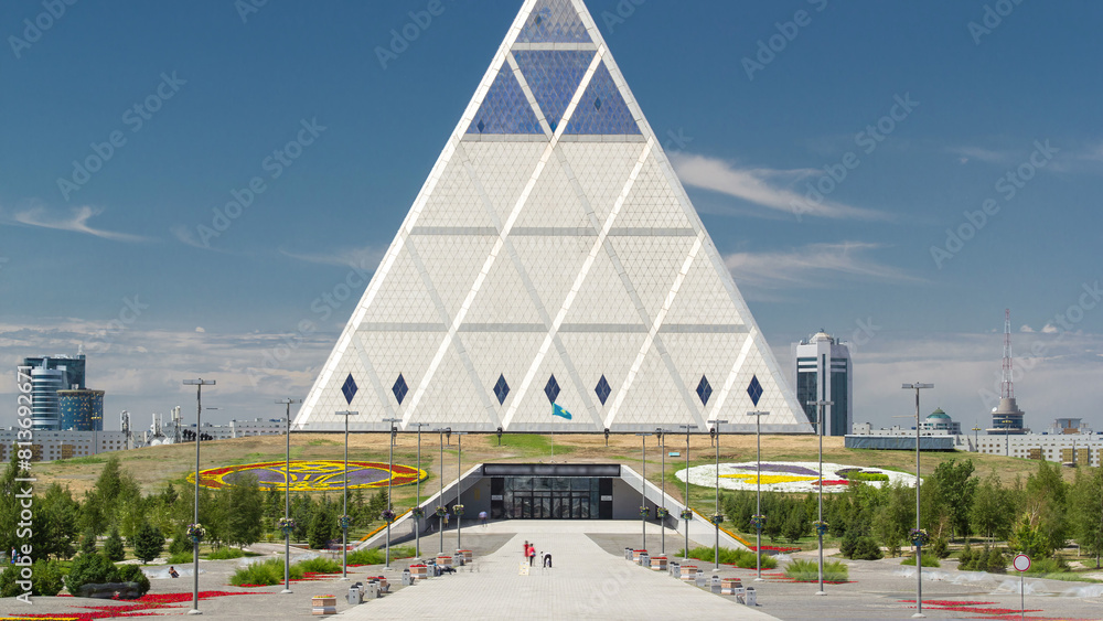 Wall mural Exterior of the Palace of Peace and Reconciliation building timelapse in Astana, Kazakhstan.