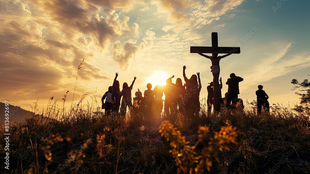 Wall mural christian young people around wooden christian cross. christian community and faith in jesus christ 