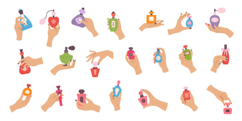Perfume bottles. Fragrance glass bottles in woman hands recent vector beauty cosmetic products
