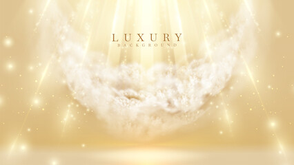 A mesmerizing background featuring a celestial cloud engulfed in radiant golden light rays and twinkling stars, ideal for spiritual themes. Luxury stage scene.